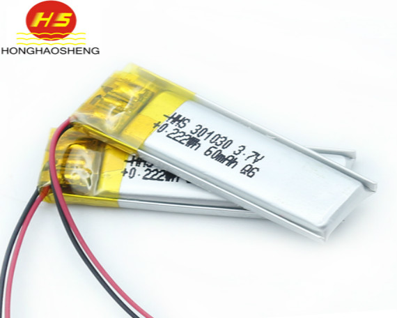 深圳鸿昊升厂家直销55mah 3.7V 301030高循环聚合物锂电池蓝牙小仪器电池